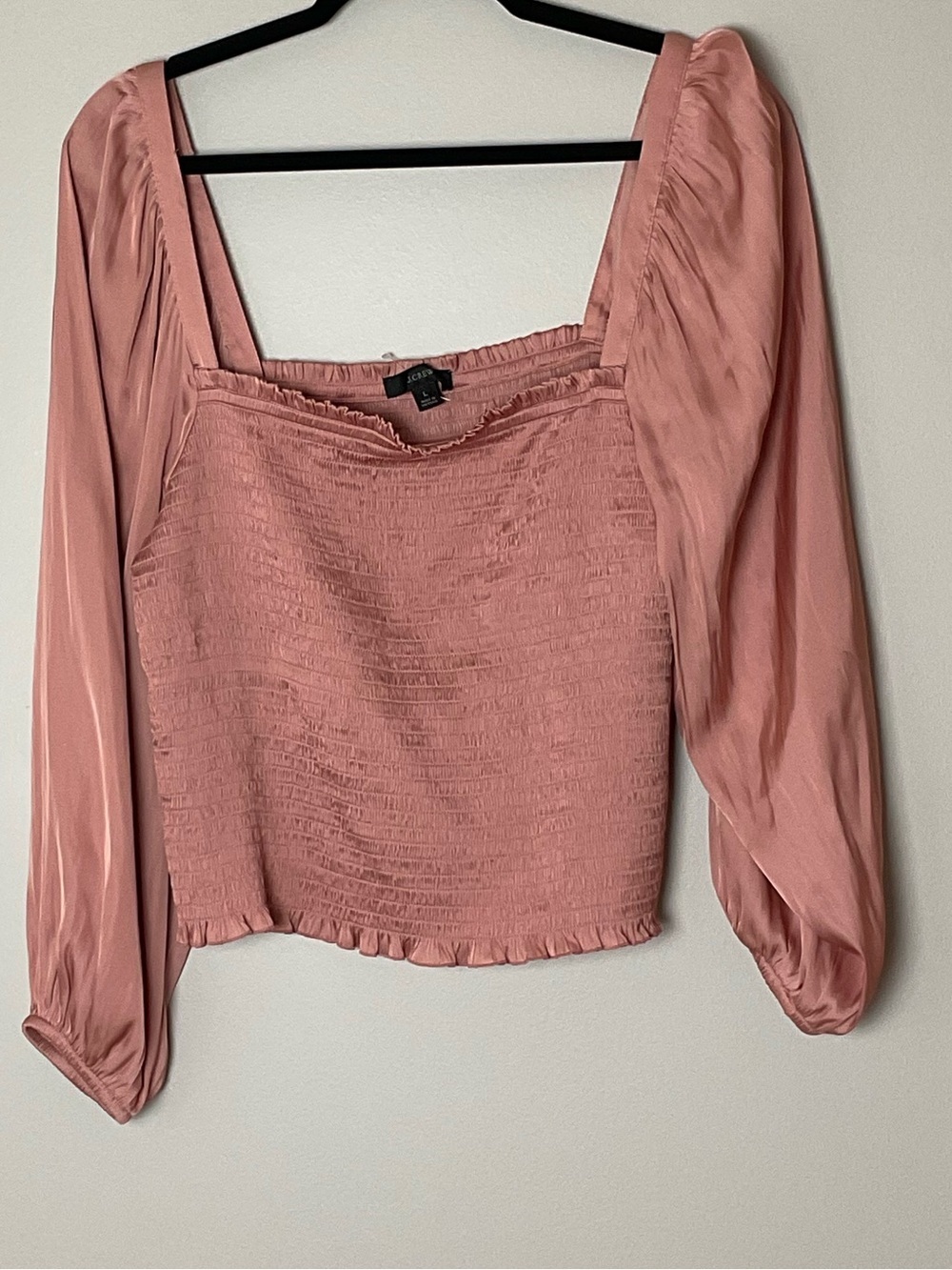 J. Crew Rose Pink Smocked Squareneck Satin Long Sleeve Cropped Top Large
